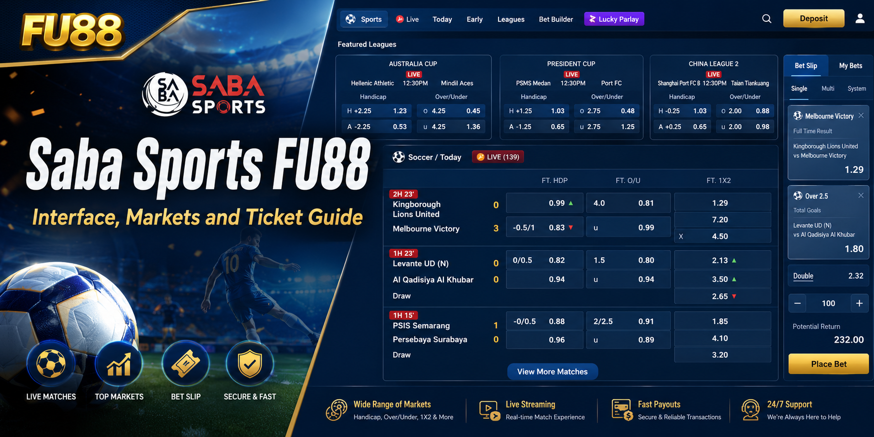 Saba Sports FU88 football markets and bet slip interface