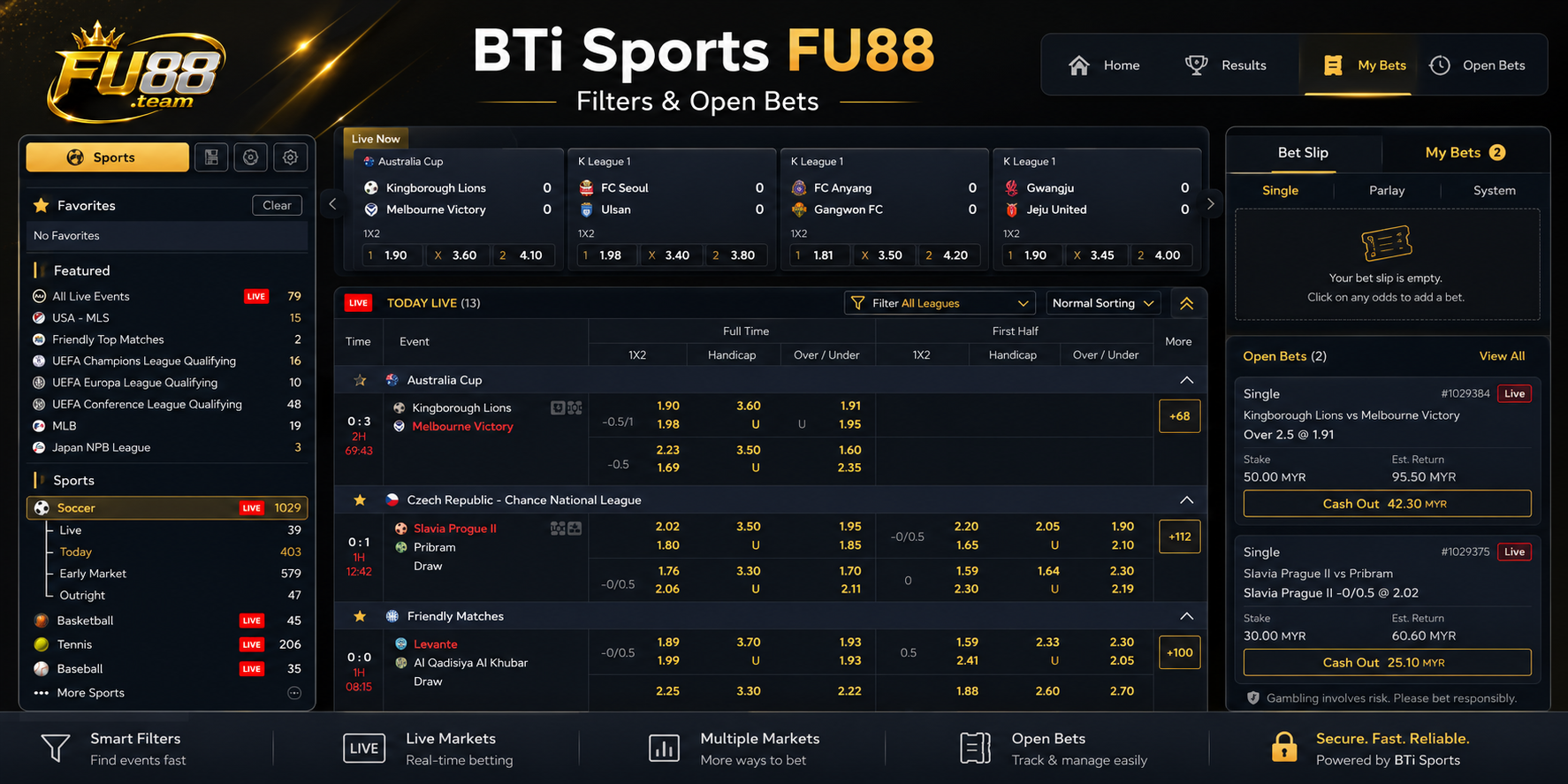 BTi Sports FU88 match filters and open bets area