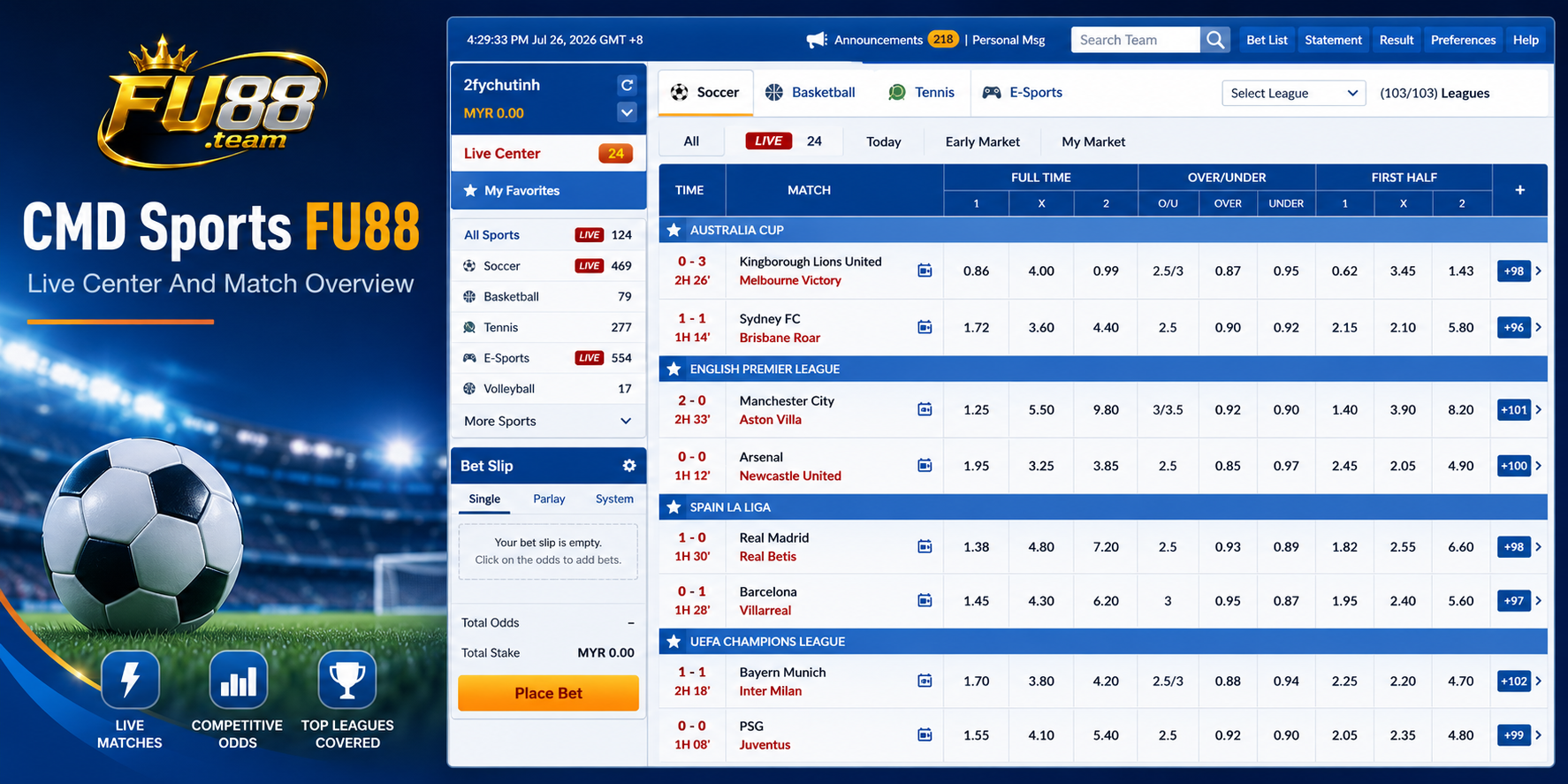 CMD Sports FU88 Live Center and Match Overview