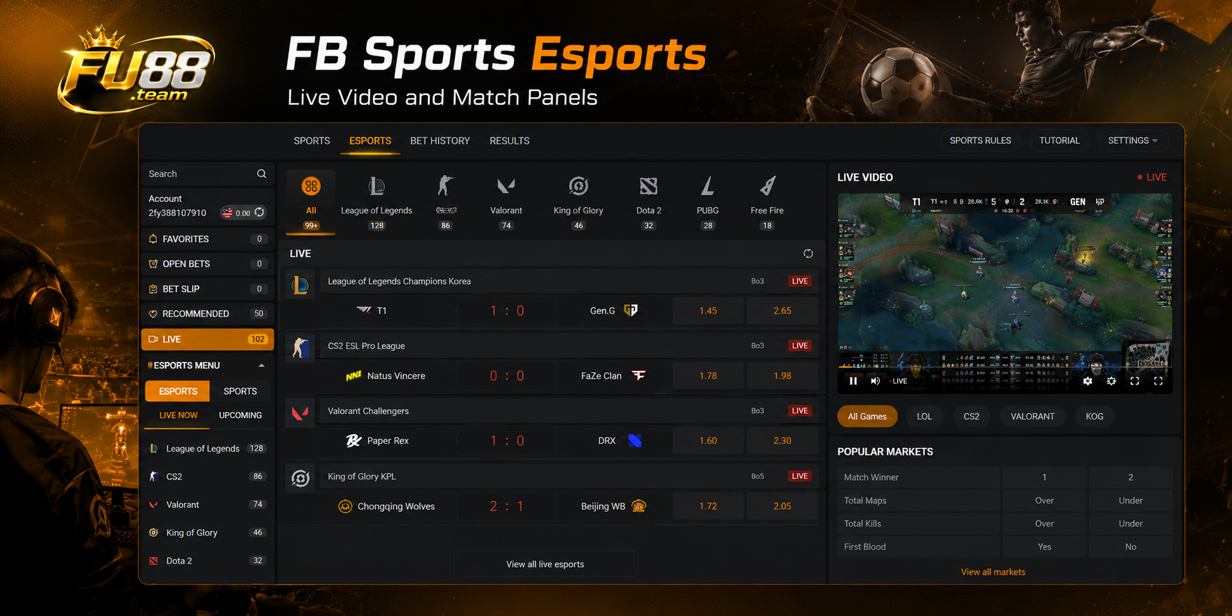 The FB Sports esports section displays live competitions, game filters, match markets and an event video panel.