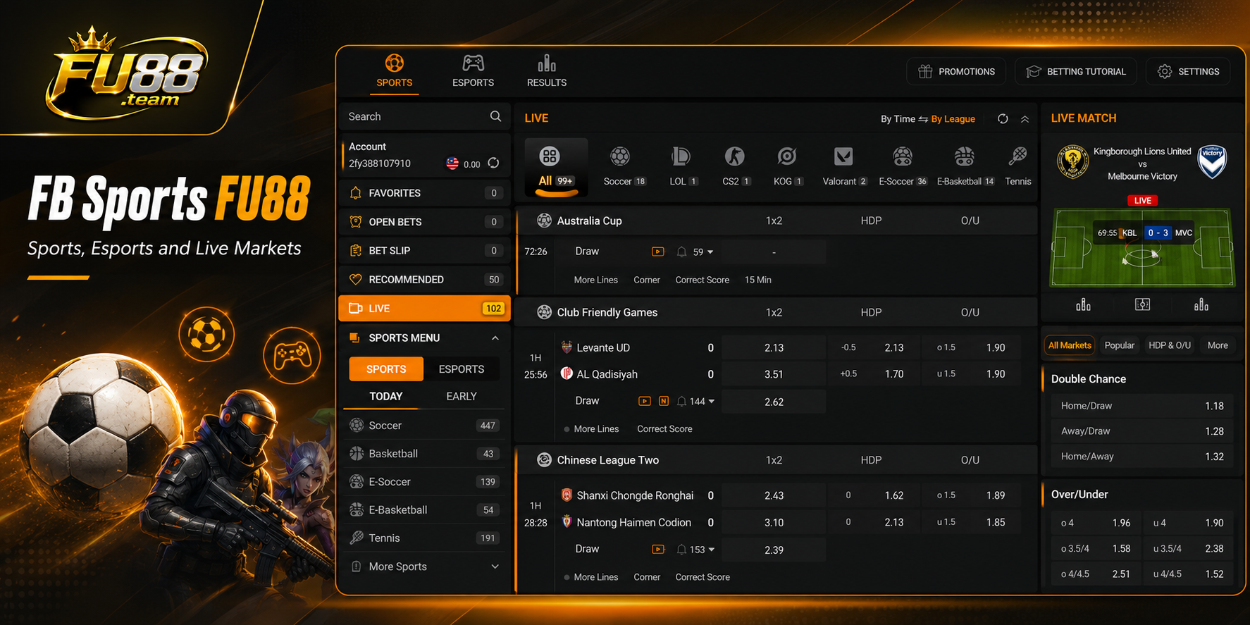 The FB Sports FU88 interface combines sports, esports, live events and football markets on one screen.