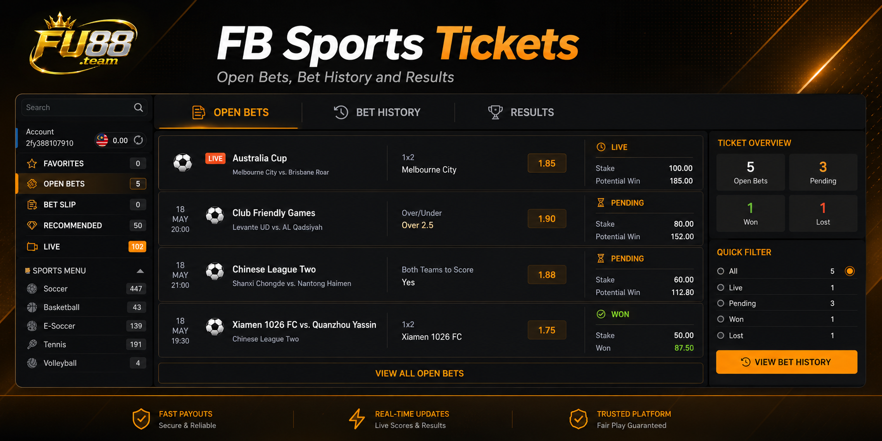 Open Bets, Bet History and Results allow users to review recorded tickets and their current status.