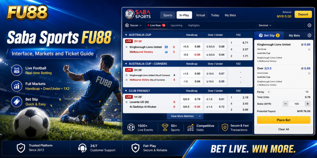 Overview of the Saba Sports FU88 interface, football markets and ticket panel