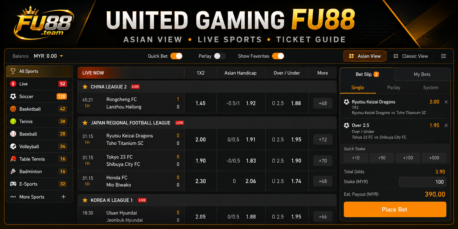 The United Gaming Asian View displays live events, sports filters, football markets and the Bet Slip on one screen.